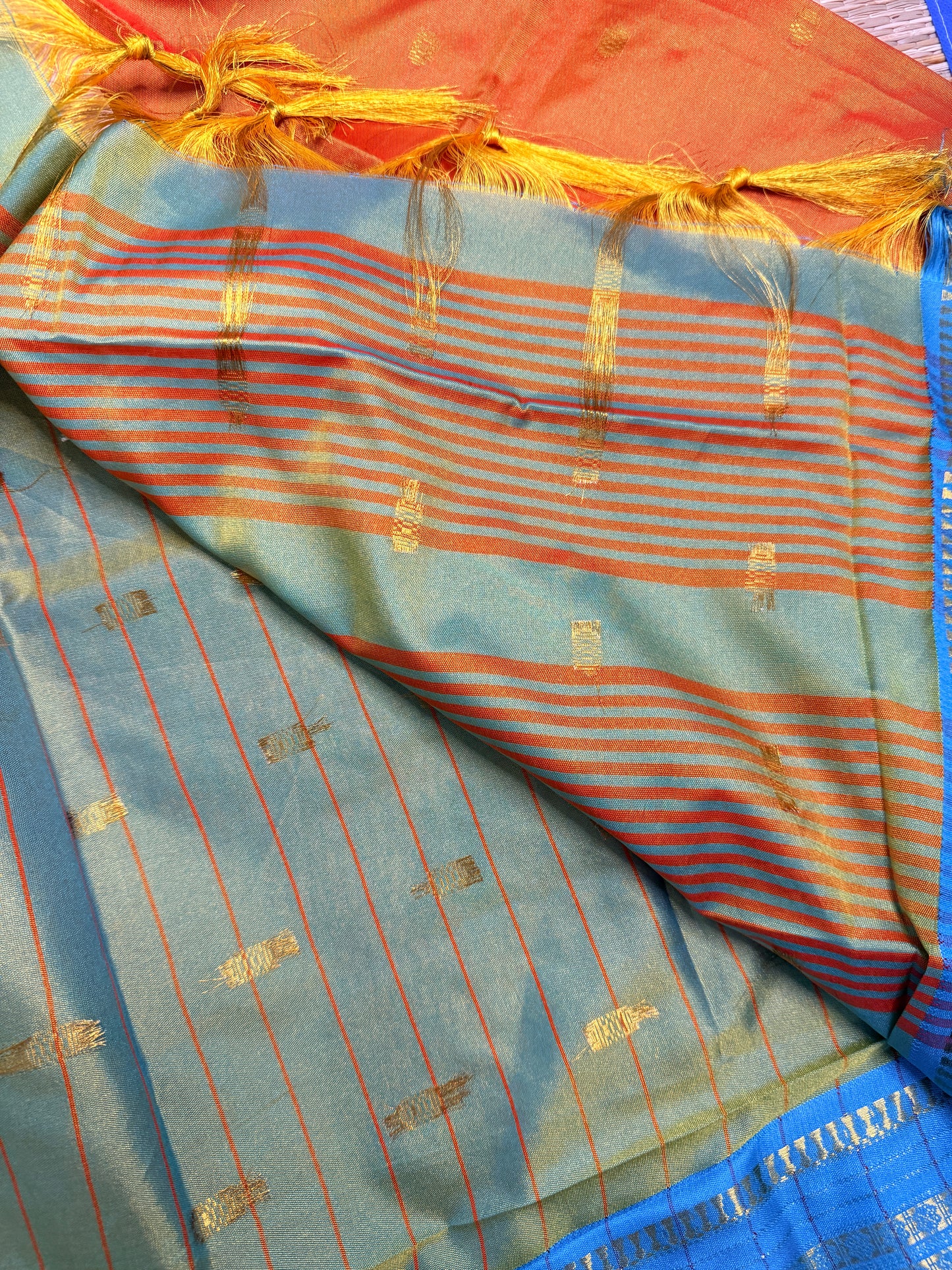 Dual Tone Semi Silk Saree – Mint Green & Orange with Blue Zari Border SS14