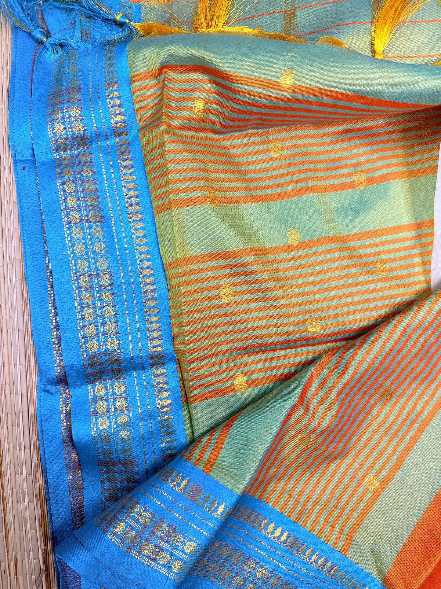 Dual Tone Semi Silk Saree – Mint Green & Orange with Blue Zari Border SS14