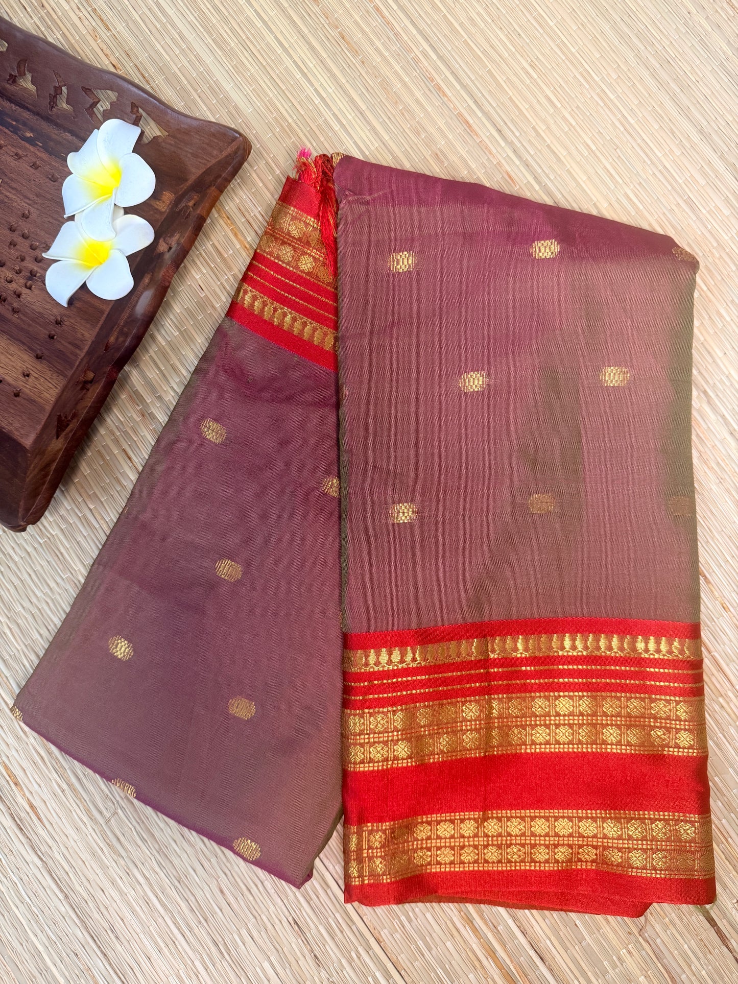 Dual Tone Semi Silk Saree – Wine & Red with Gold Zari SS13