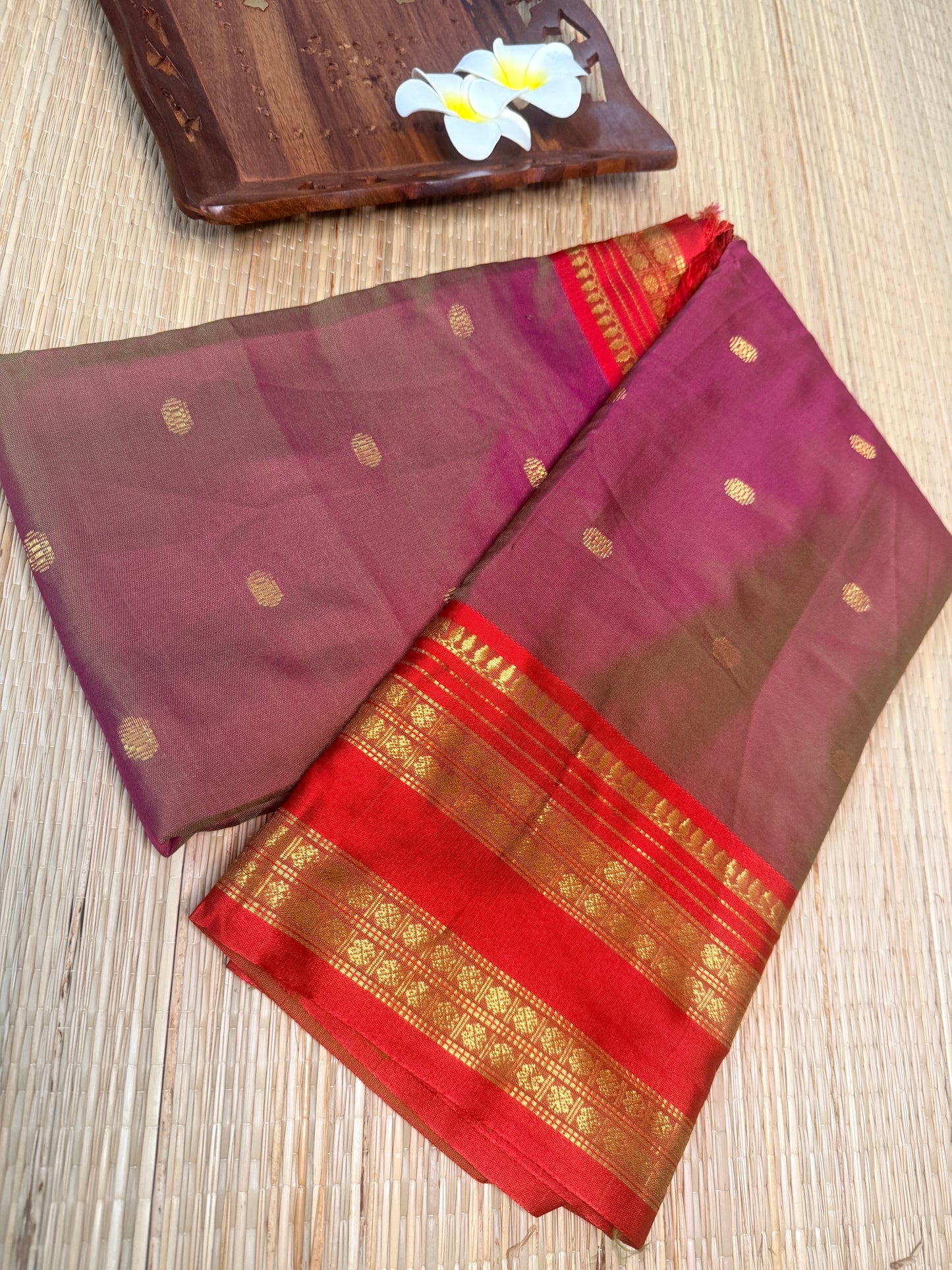 Dual Tone Semi Silk Saree – Wine & Red with Gold Zari SS13