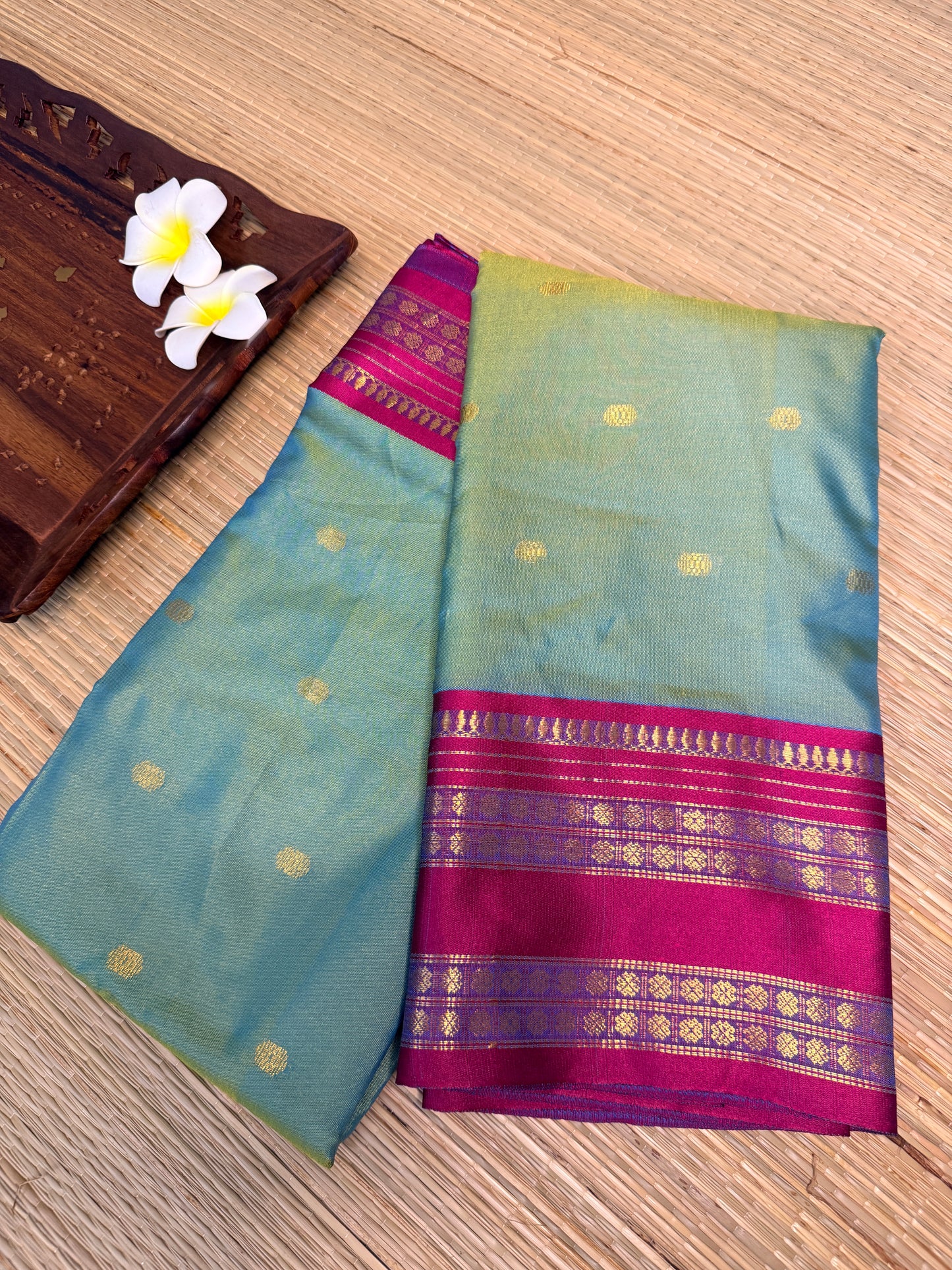 Dual Tone Semi Silk Saree – Sky Blue & Green with Magenta Zari Border SS16