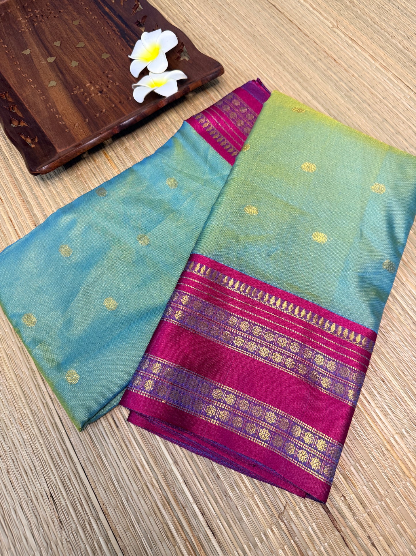 Dual Tone Semi Silk Saree – Sky Blue & Green with Magenta Zari Border SS16