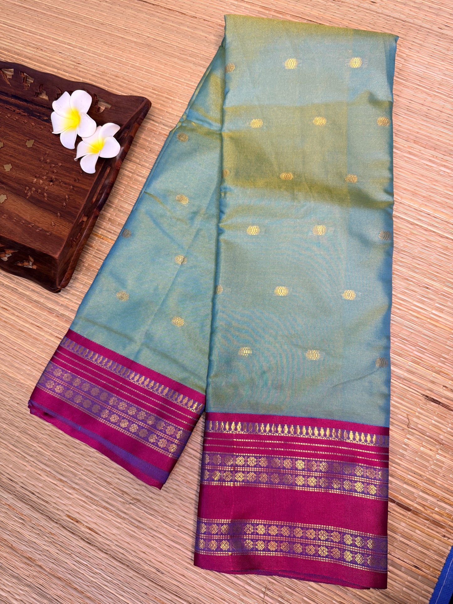 Dual Tone Semi Silk Saree – Sky Blue & Green with Magenta Zari Border SS16