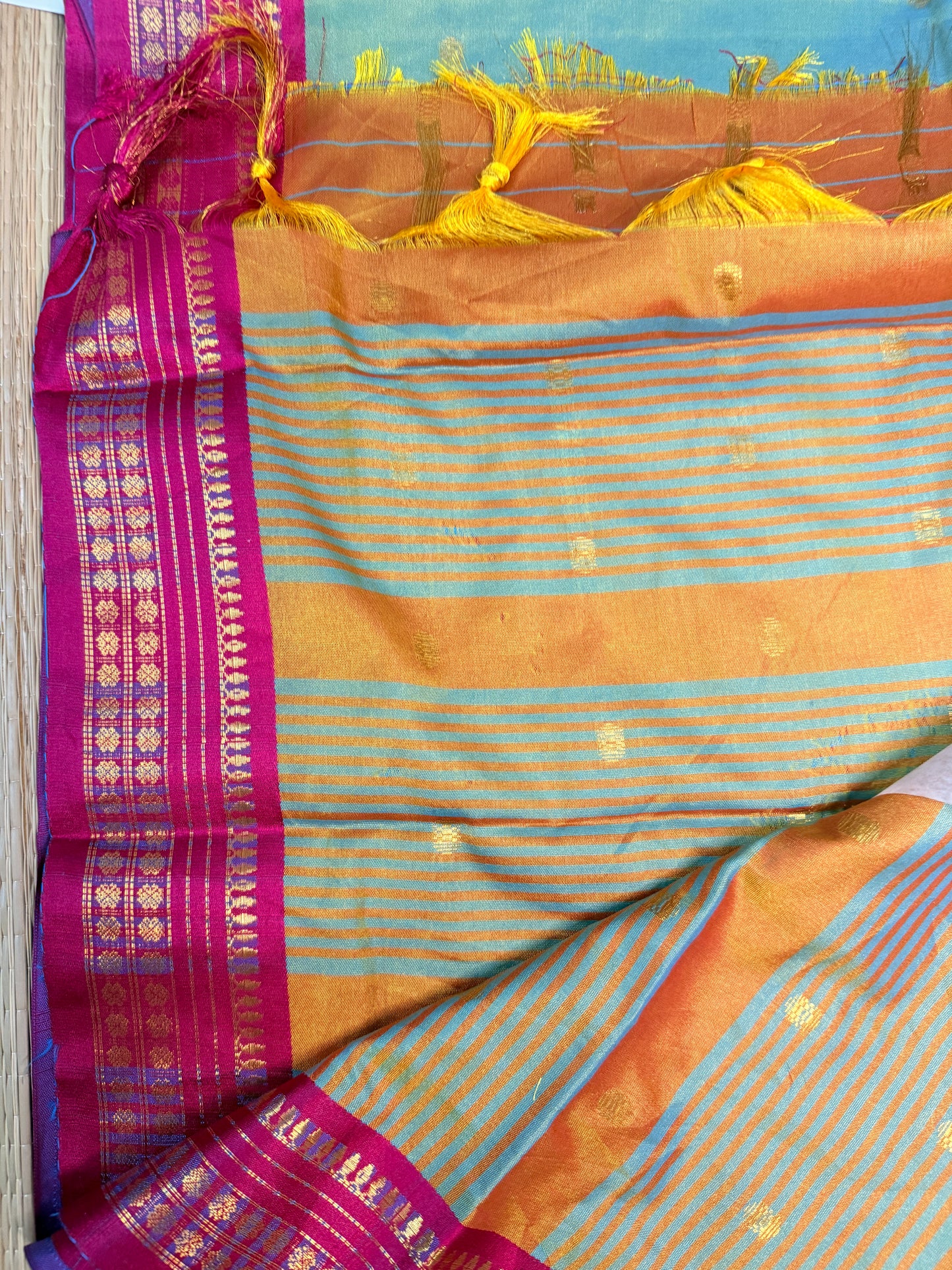 Dual Tone Semi Silk Saree – Sky Blue & Green with Magenta Zari Border SS16