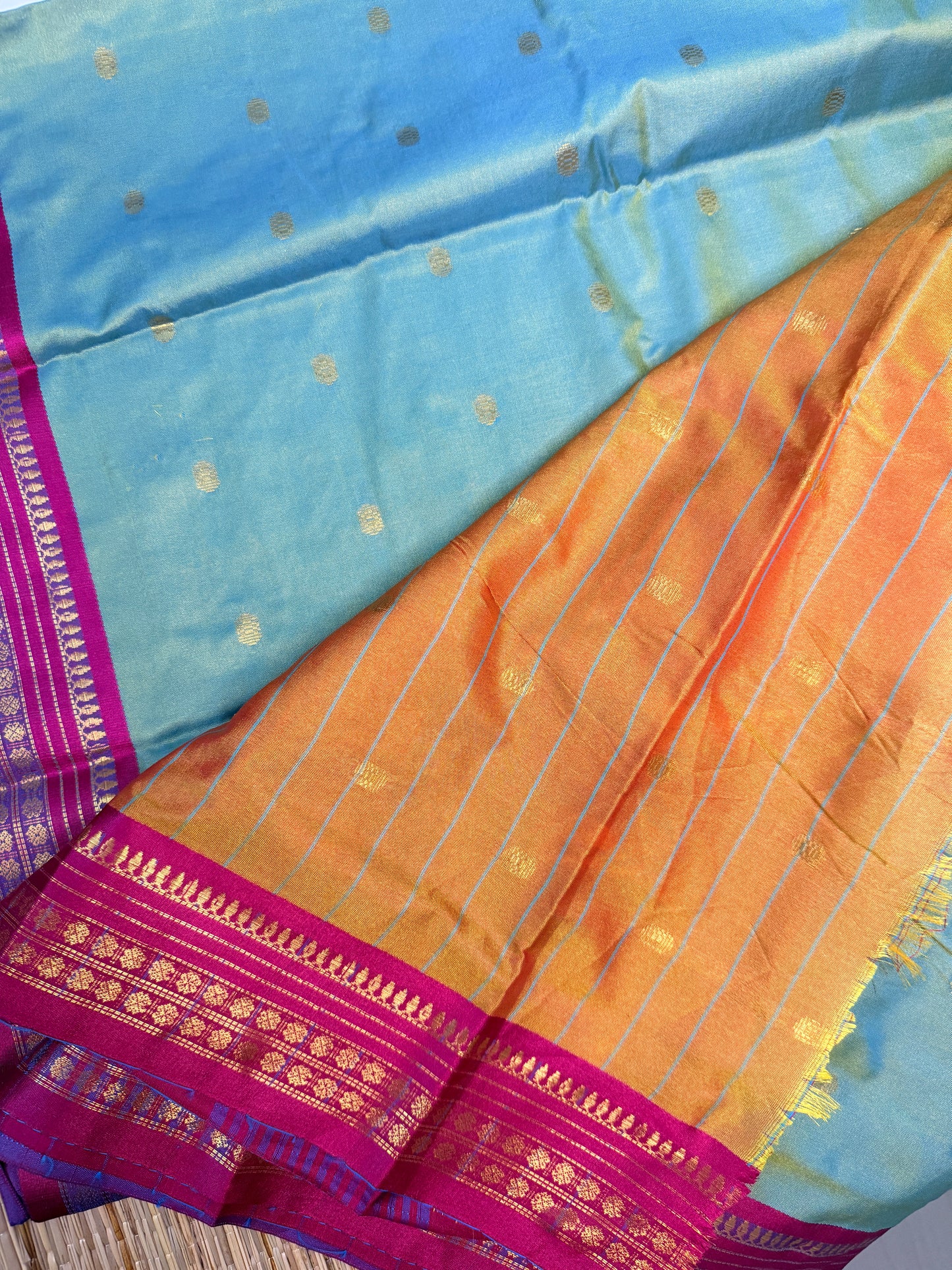 Dual Tone Semi Silk Saree – Sky Blue & Green with Magenta Zari Border SS16