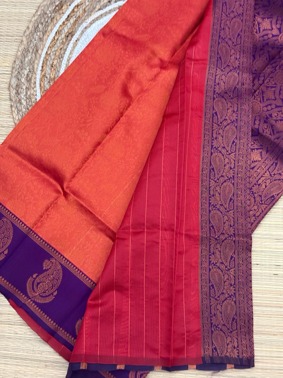 Orange Red Kanjivaram Silk Saree with Purple Zari Border