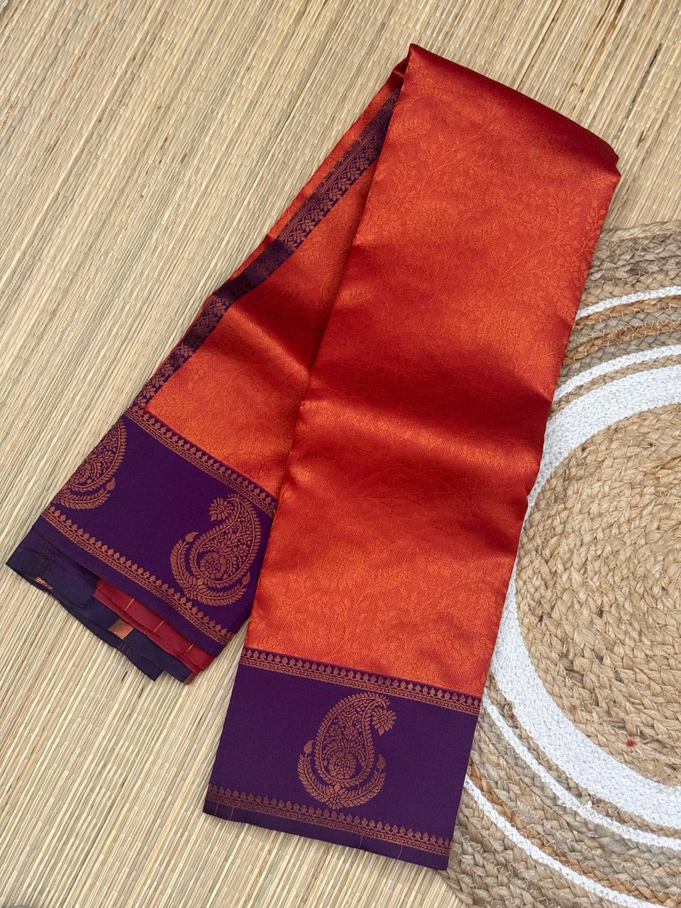 Orange Red Kanjivaram Silk Saree with Purple Zari Border