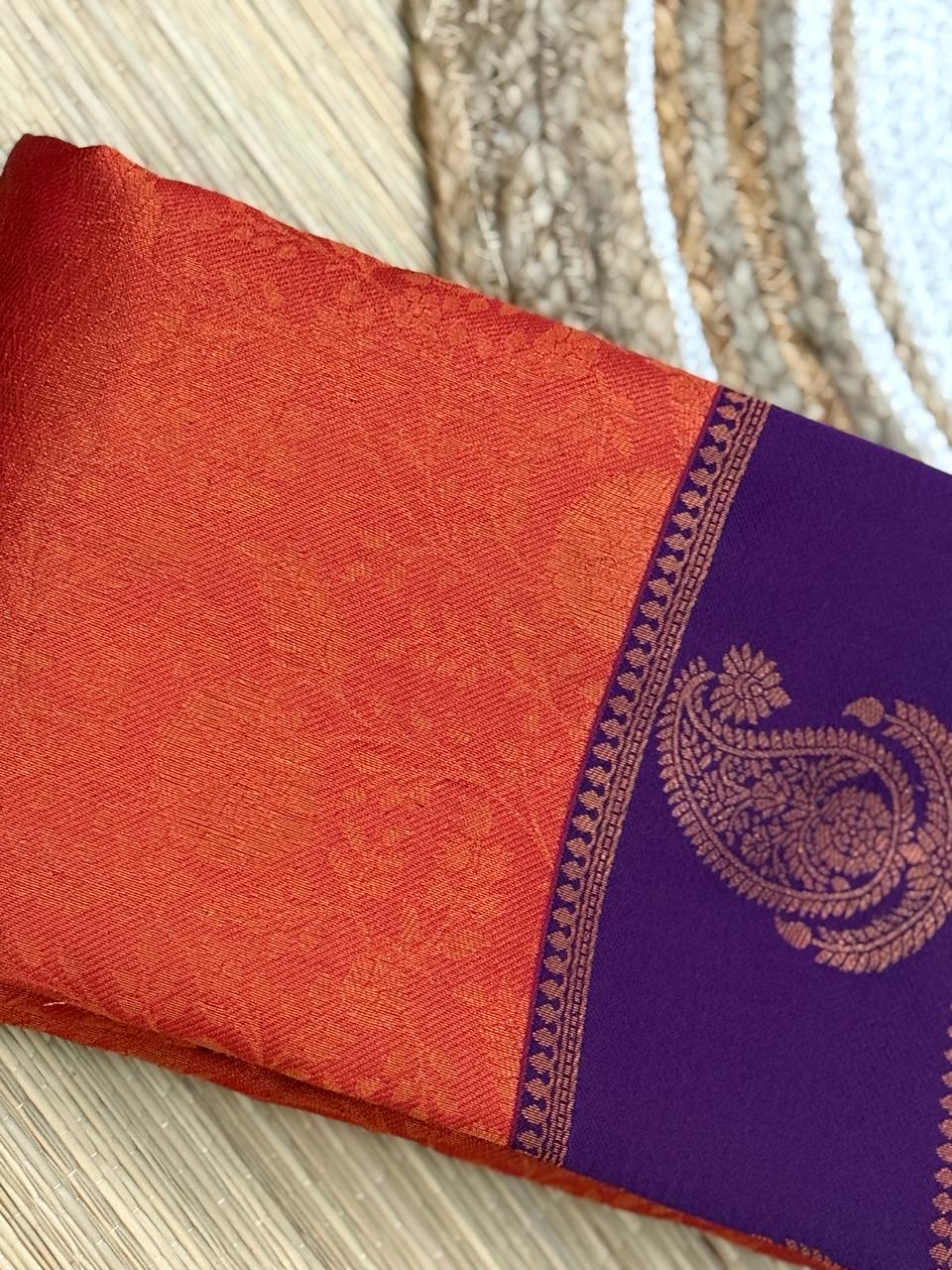 Orange Red Kanjivaram Silk Saree with Purple Zari Border