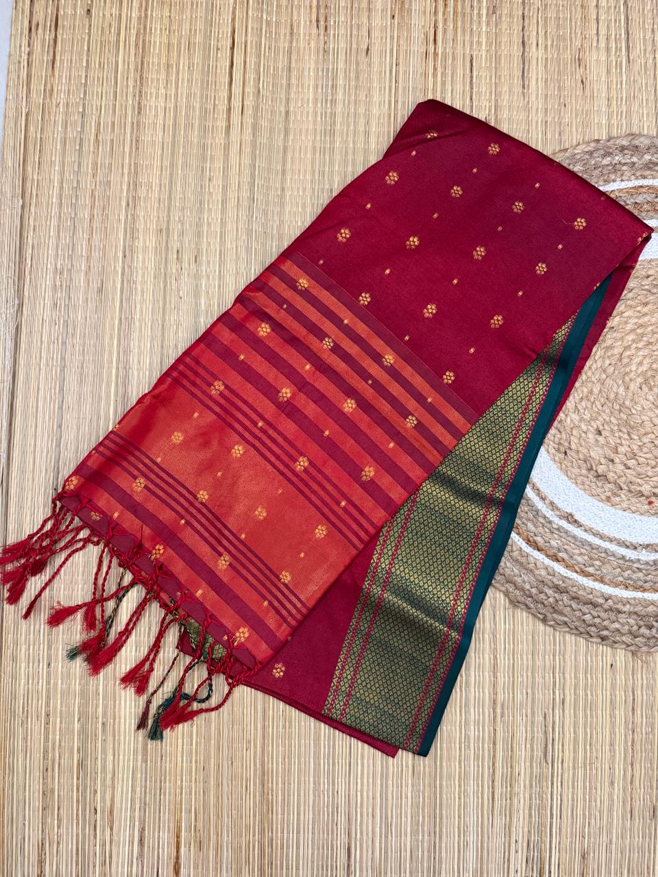 Reddish Maroon Mul Cotton Saree with Gold Buti and Woven Border