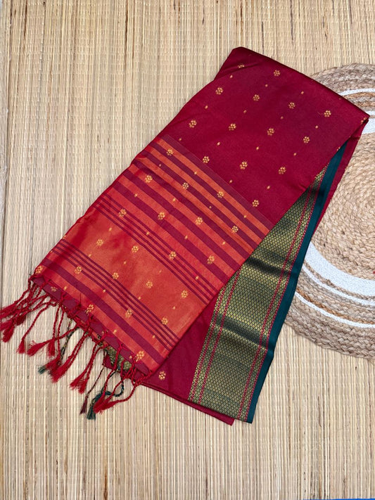Reddish Maroon Mul Cotton Saree with Gold Buti and Woven Border