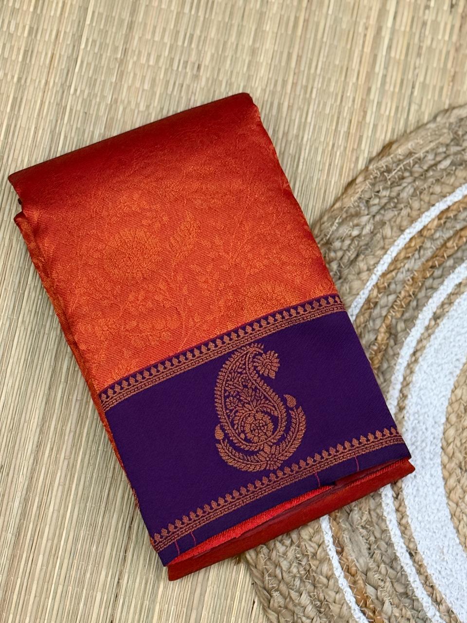 Orange Red Kanjivaram Silk Saree with Purple Zari Border
