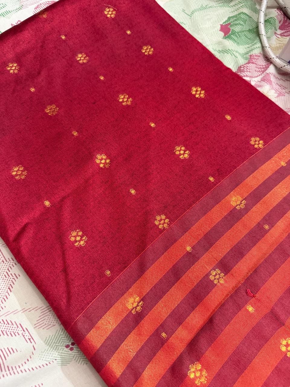 Reddish Maroon Mul Cotton Saree with Gold Buti and Woven Border