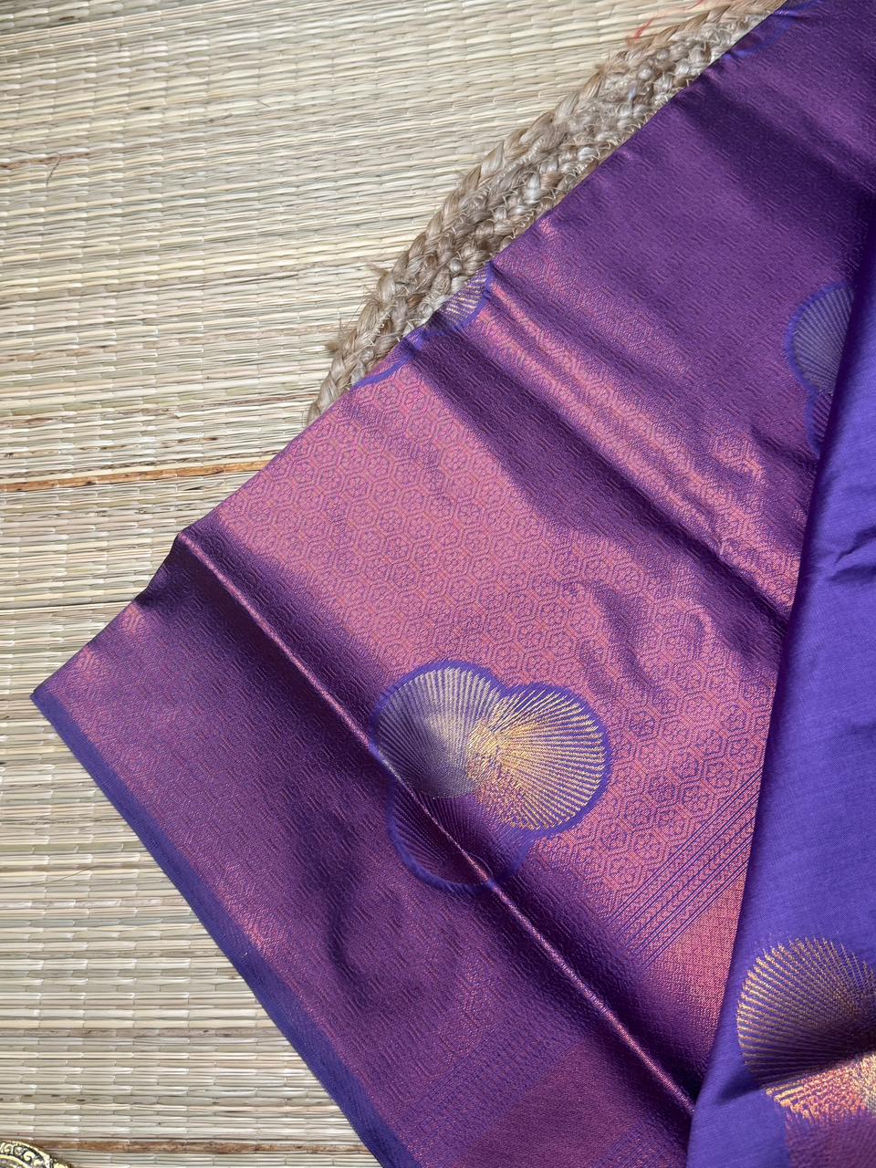 Purple Semi Kanjivaram Silk Saree with Silver Zari Peacock Motifs