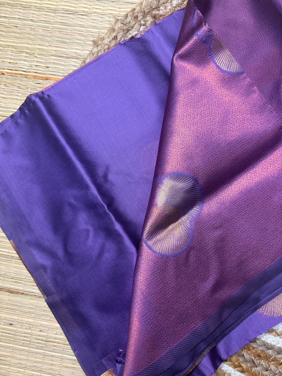 Purple Semi Kanjivaram Silk Saree with Silver Zari Peacock Motifs