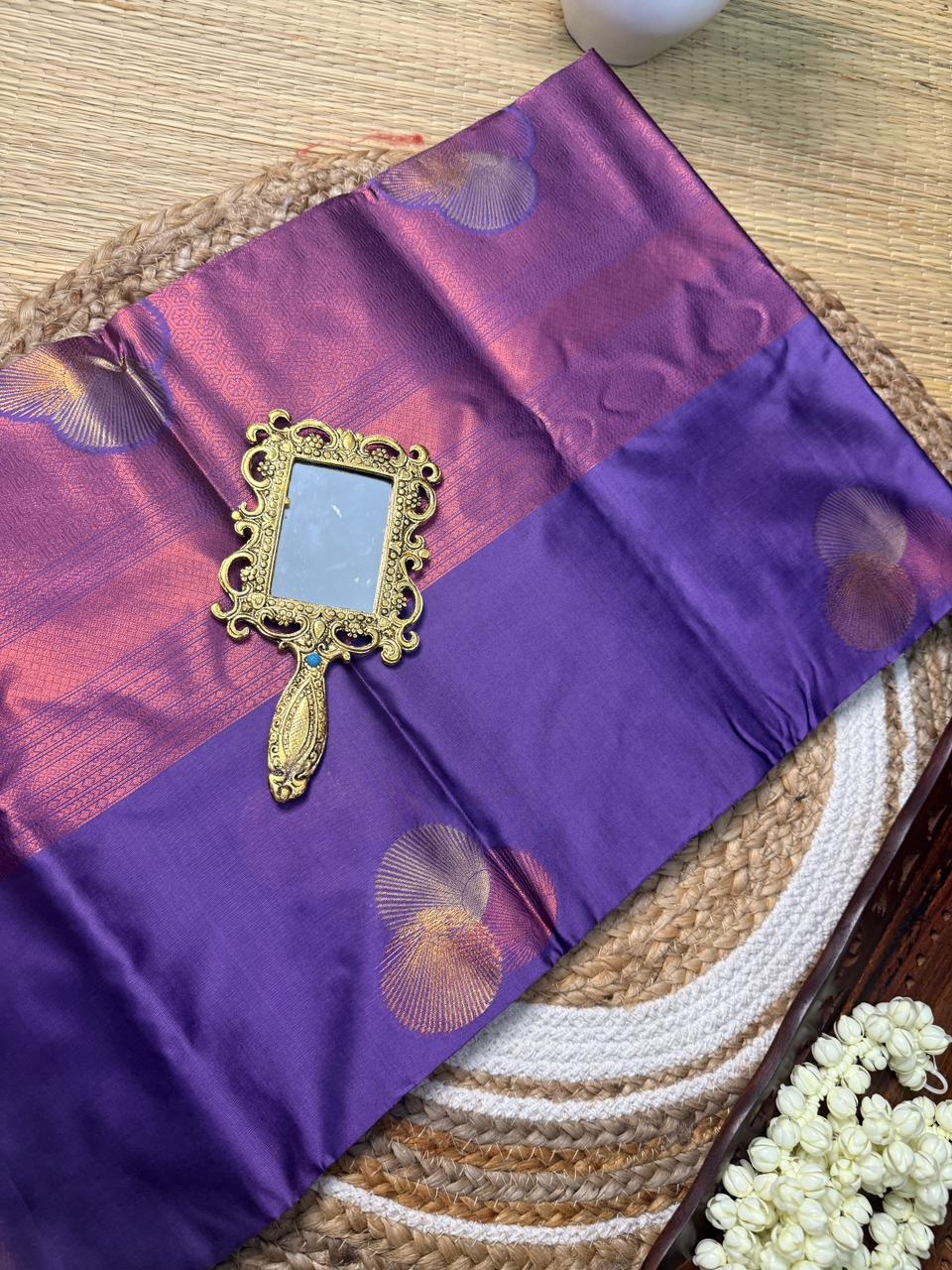 Purple Semi Kanjivaram Silk Saree with Silver Zari Peacock Motifs