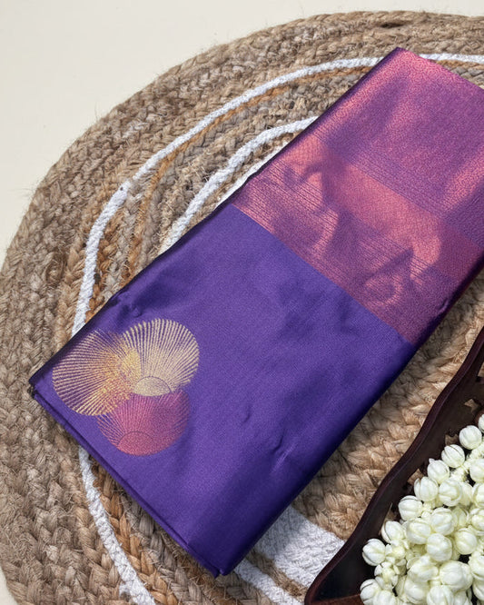 Purple Semi Kanjivaram Silk Saree with Silver Zari Peacock Motifs