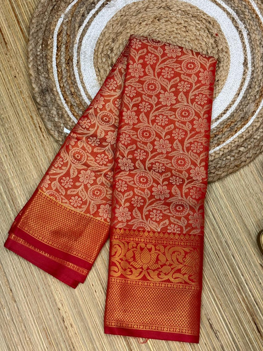 Red One Gram Replica Semi-Silk Saree with Gold Floral Zari Work