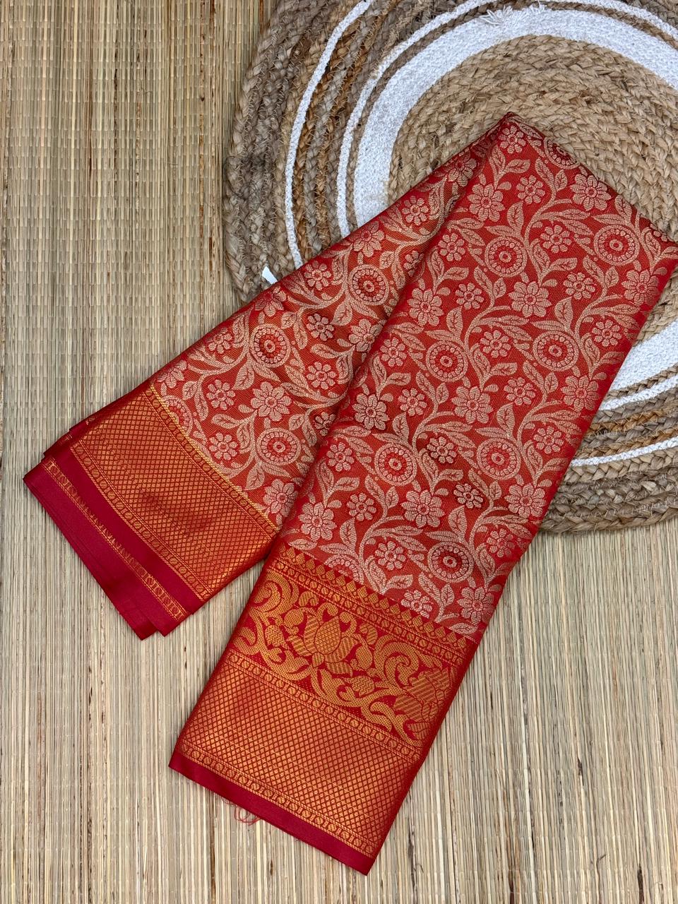 Red One Gram Replica Semi-Silk Saree with Gold Floral Zari Work