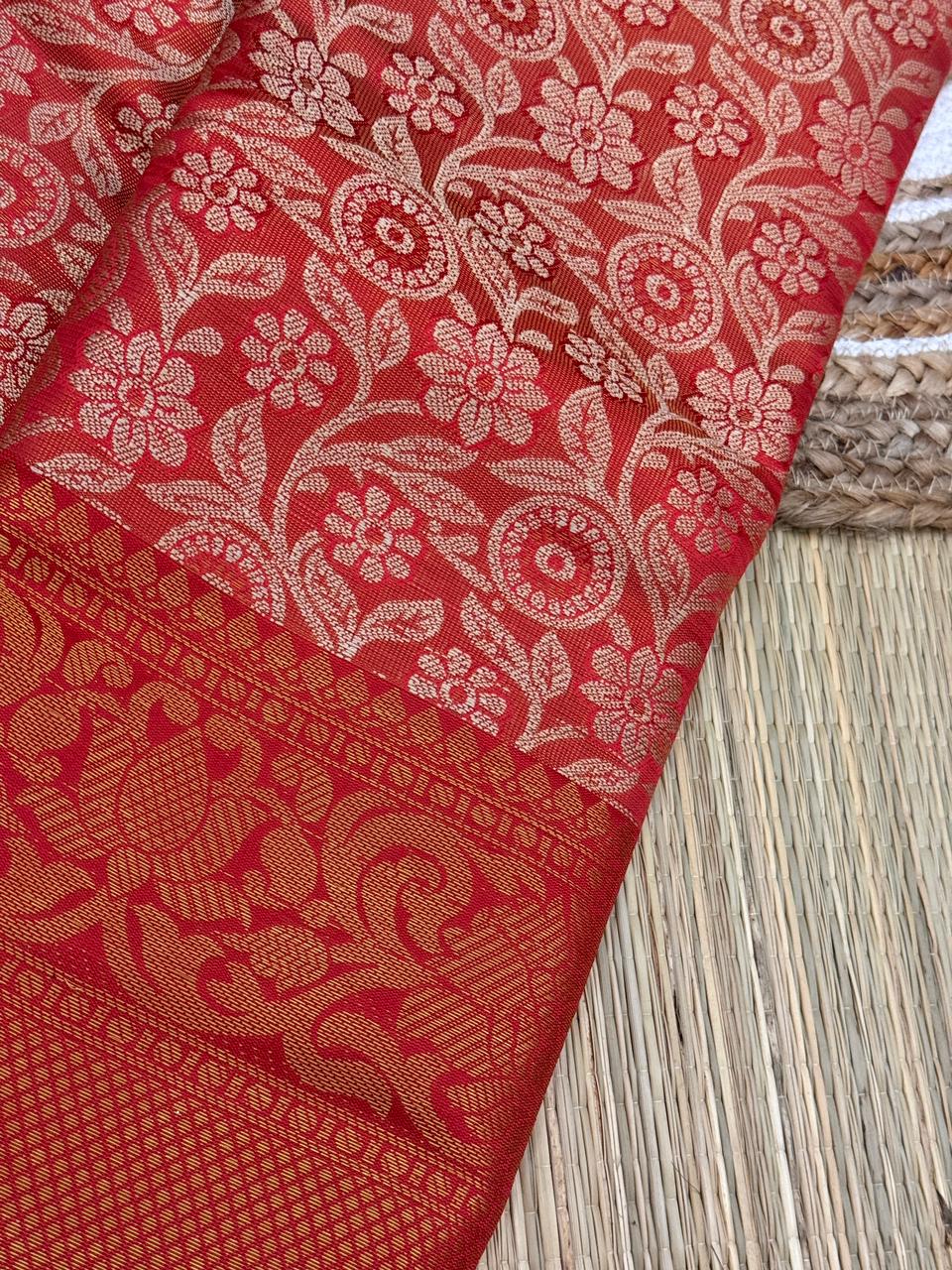 Red One Gram Replica Semi-Silk Saree with Gold Floral Zari Work