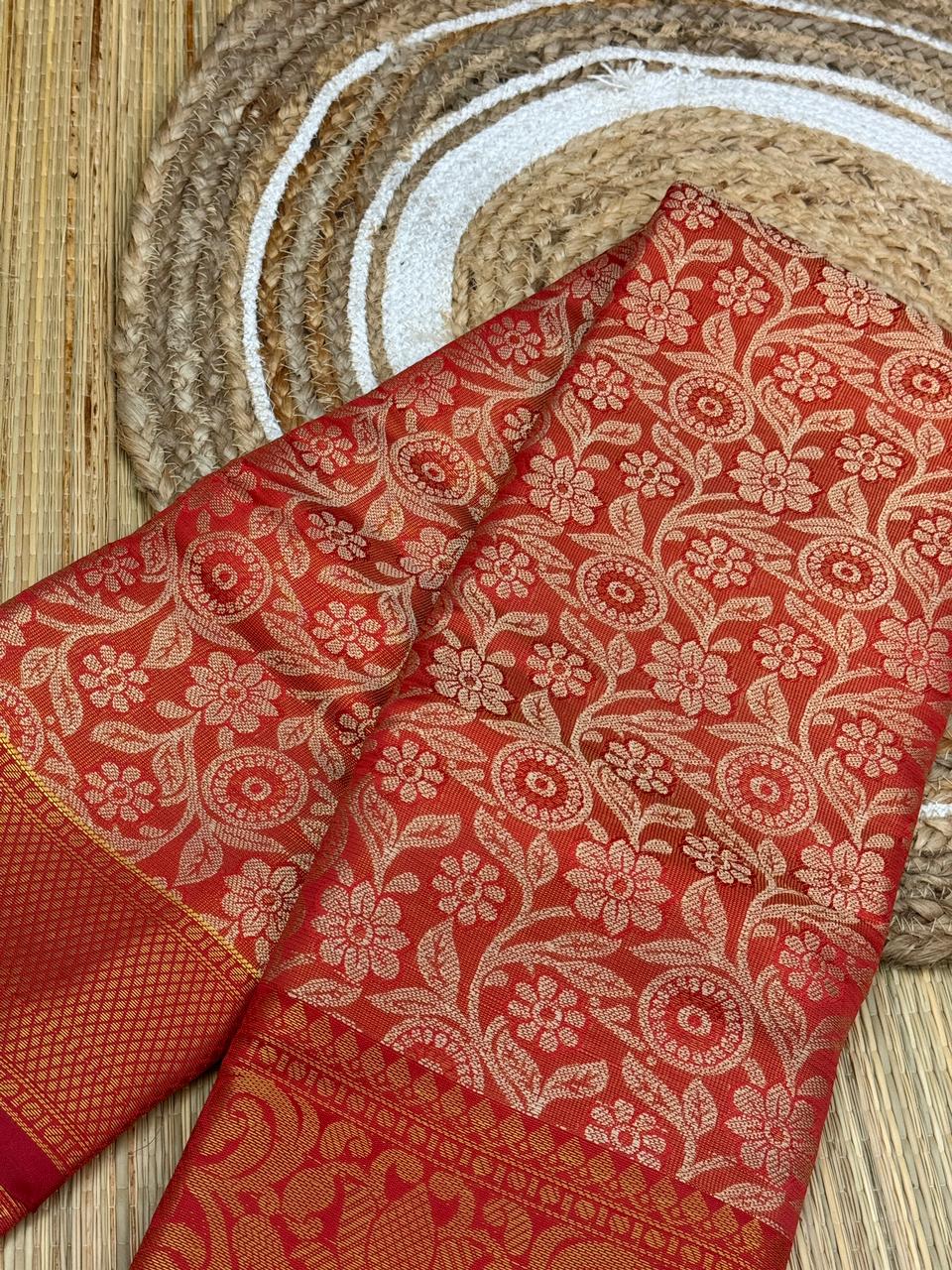 Red One Gram Replica Semi-Silk Saree with Gold Floral Zari Work