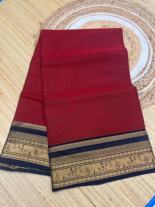 Maroon Kanchi Cotton Saree with Navy Blue Zari Border