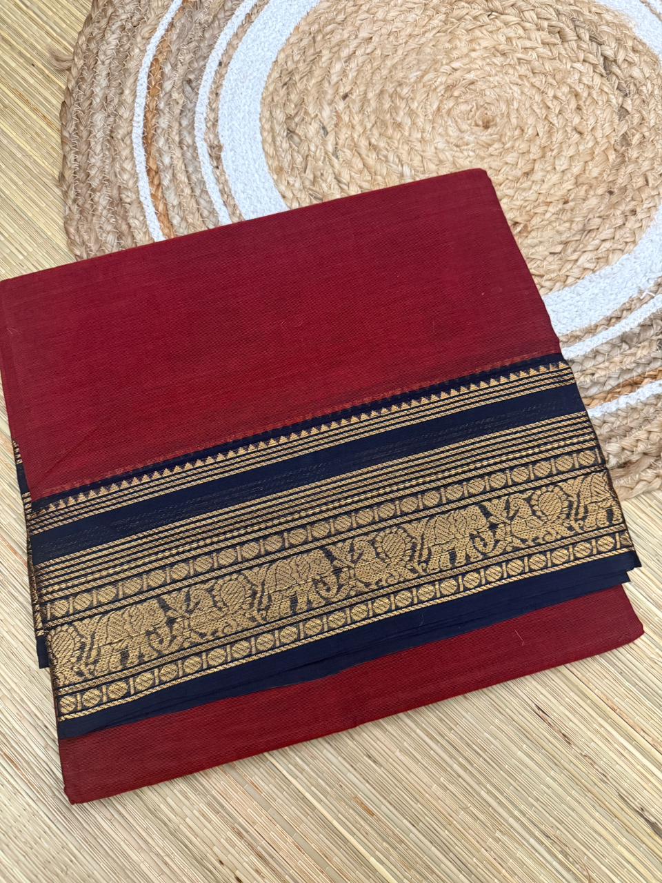 Maroon Kanchi Cotton Saree with Navy Blue Zari Border