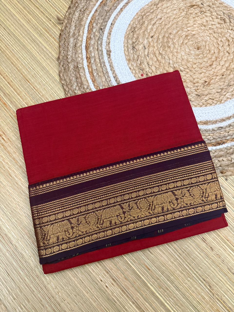 Red Kanchi Cotton Saree with Purple Zari Border