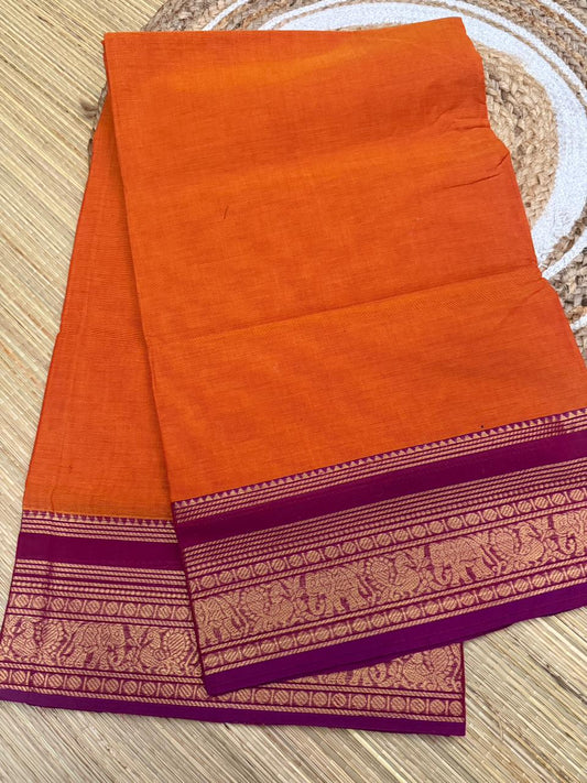 Orange Kanchi Cotton Saree with Magenta Zari Border