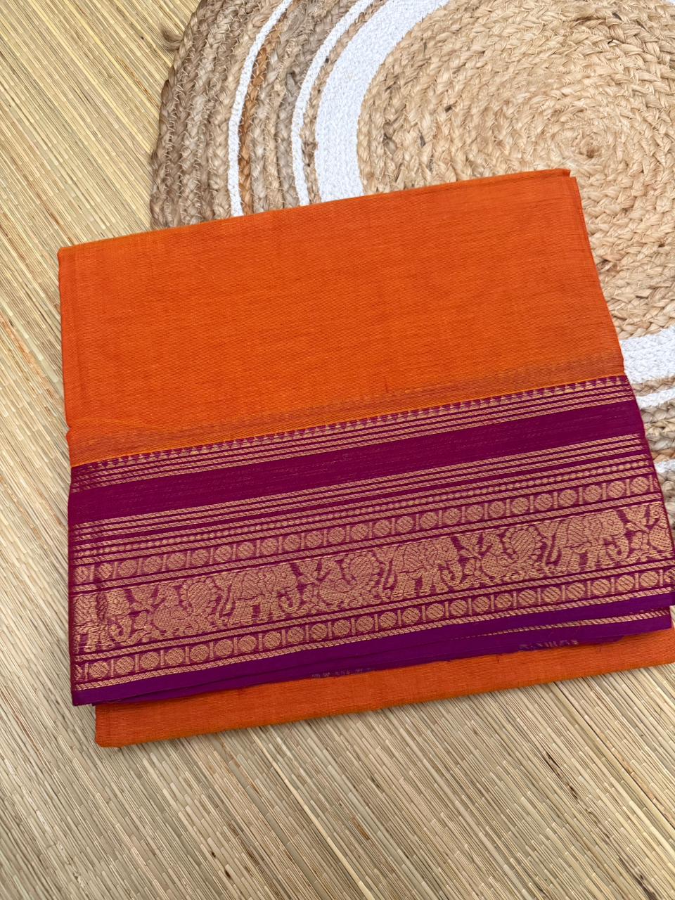 Orange Kanchi Cotton Saree with Magenta Zari Border