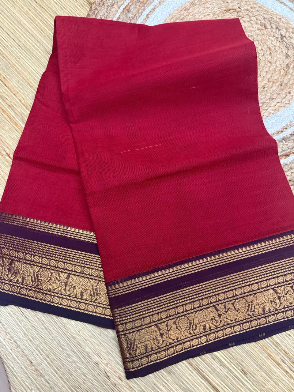 Red Kanchi Cotton Saree with Purple Zari Border