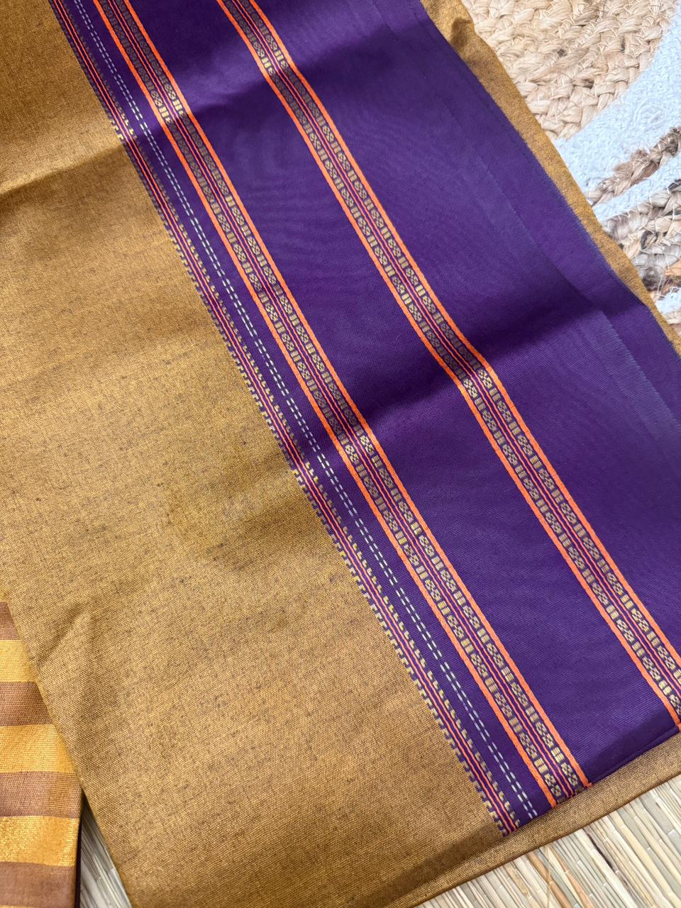 Purple Semi Kanjivaram Silk Saree with Gold Border and Striped Pallu