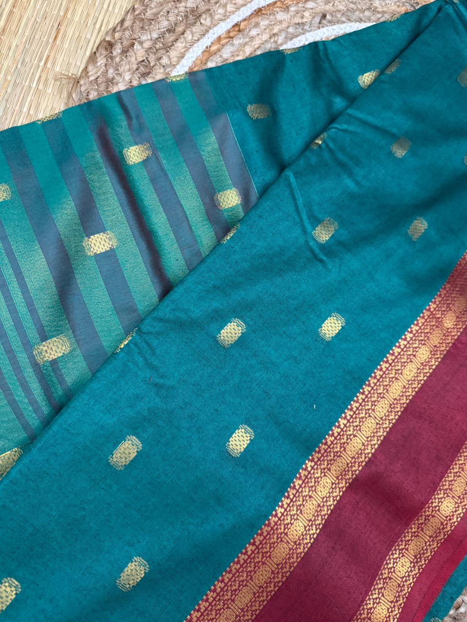 Teal Semi-Silk Saree with Gold Buti and Maroon Zari Border