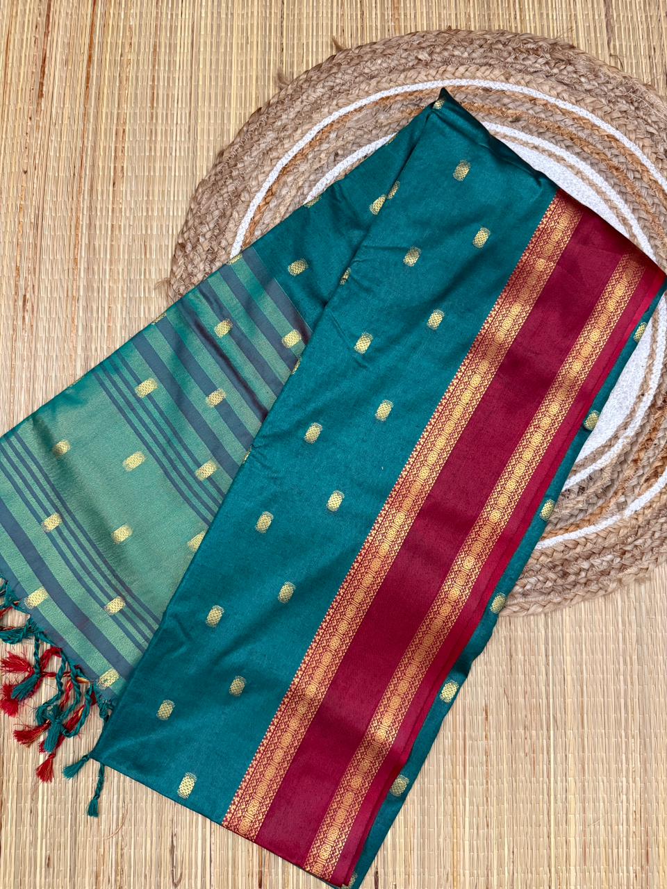 Teal Semi-Silk Saree with Gold Buti and Maroon Zari Border