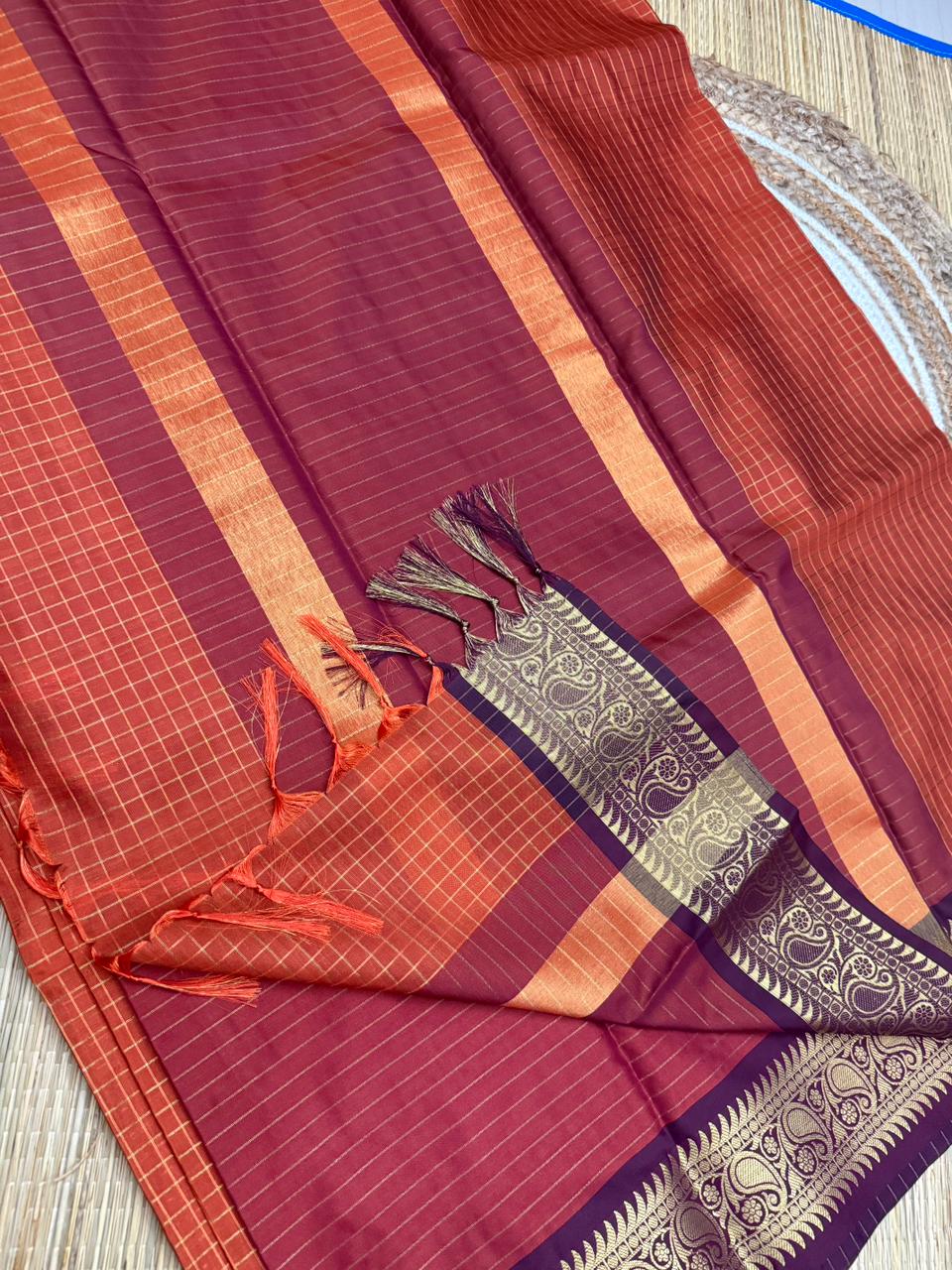 Orange Maroon Semi-Silk Saree with Purple Paisley Zari Border