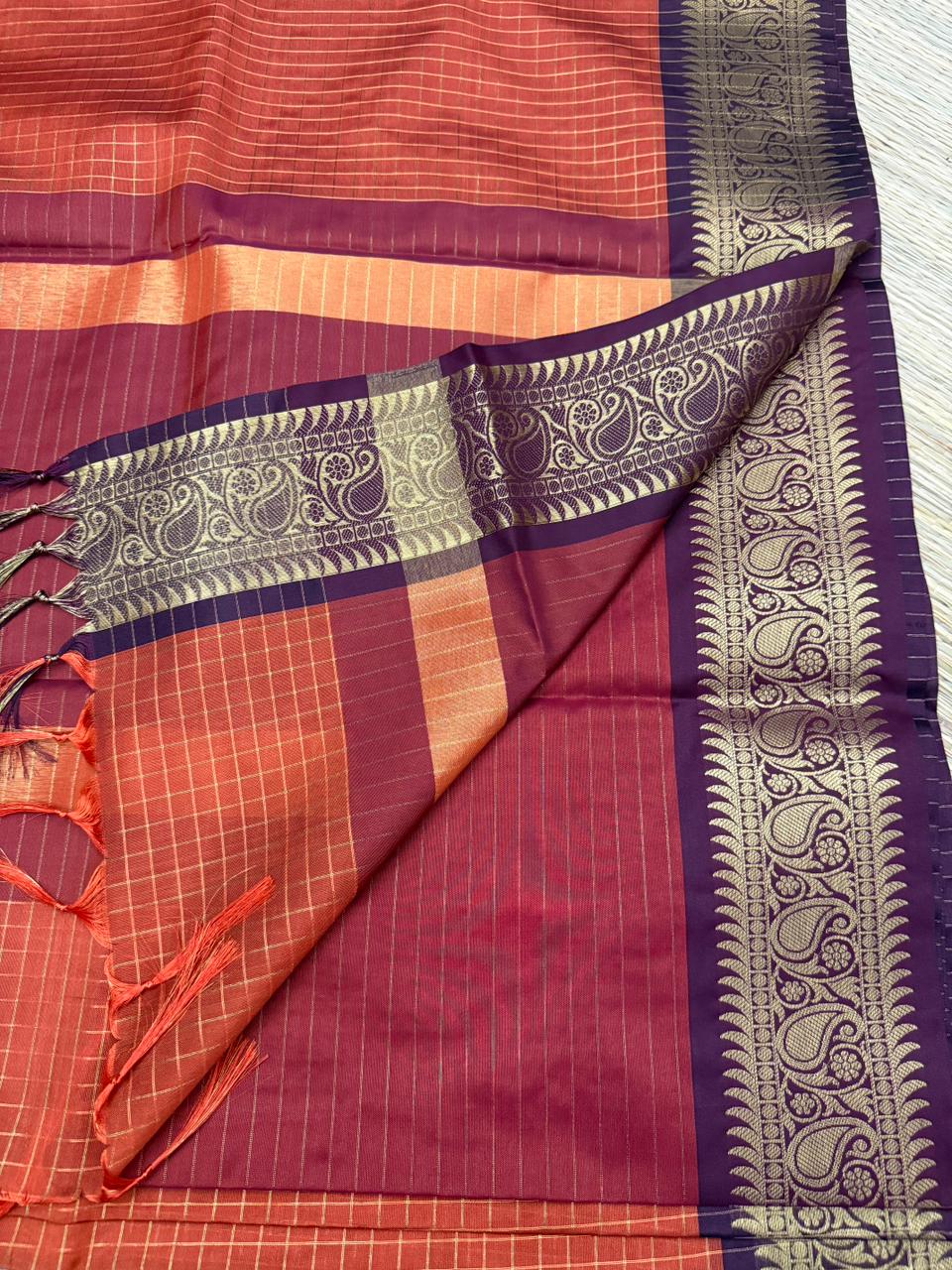 Orange Maroon Semi-Silk Saree with Purple Paisley Zari Border
