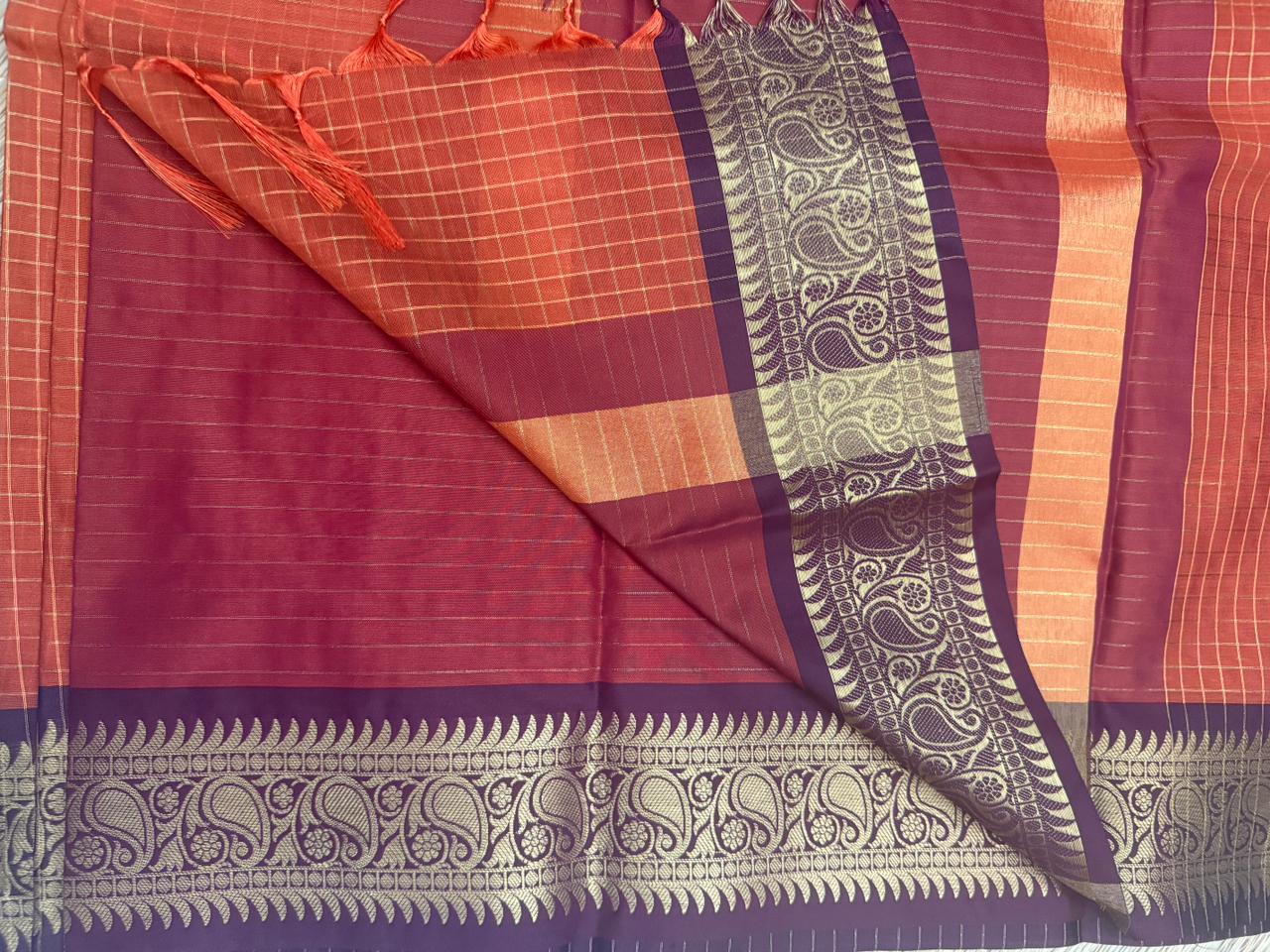 Orange Maroon Semi-Silk Saree with Purple Paisley Zari Border