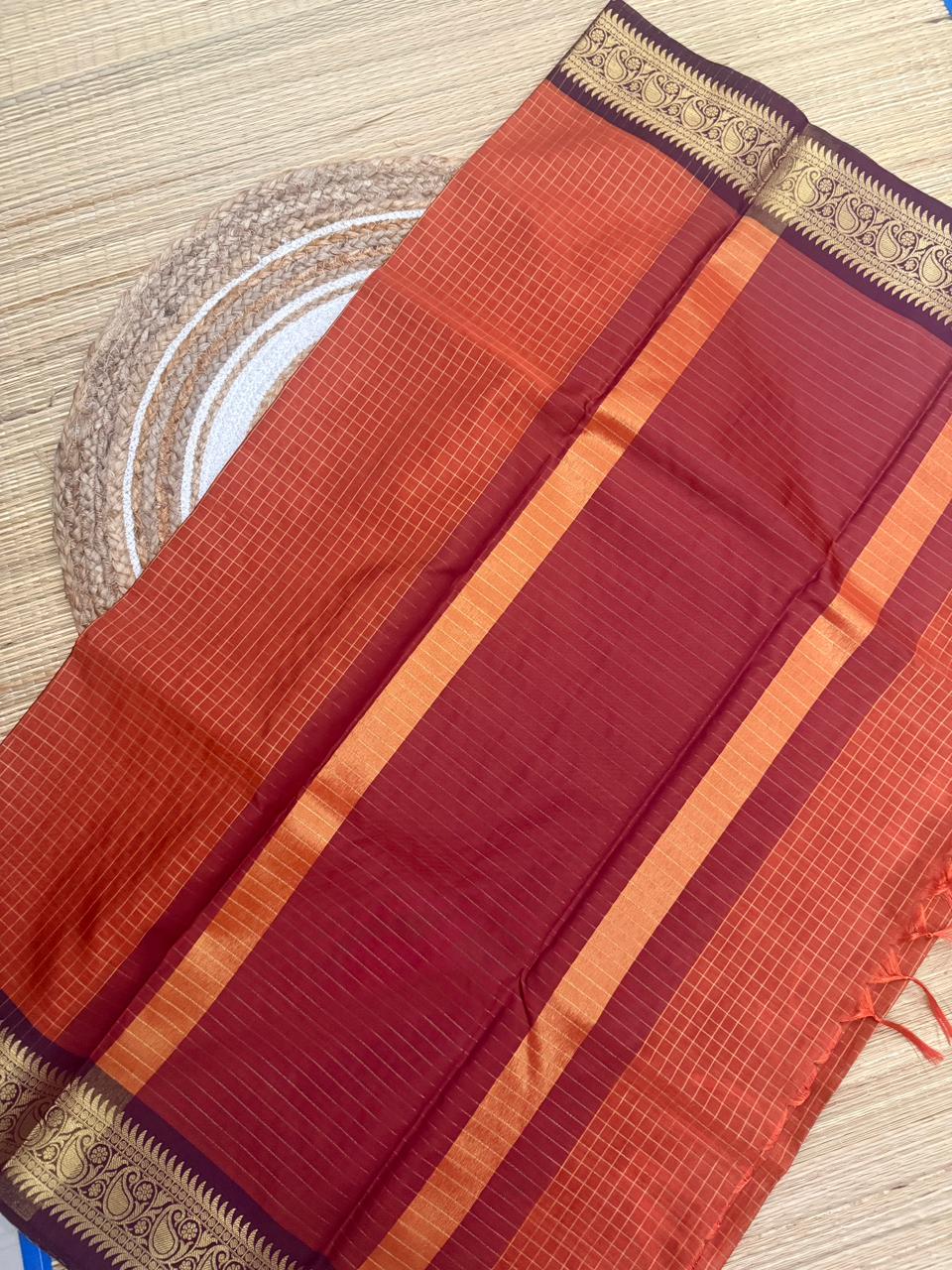 Orange Maroon Semi-Silk Saree with Purple Paisley Zari Border