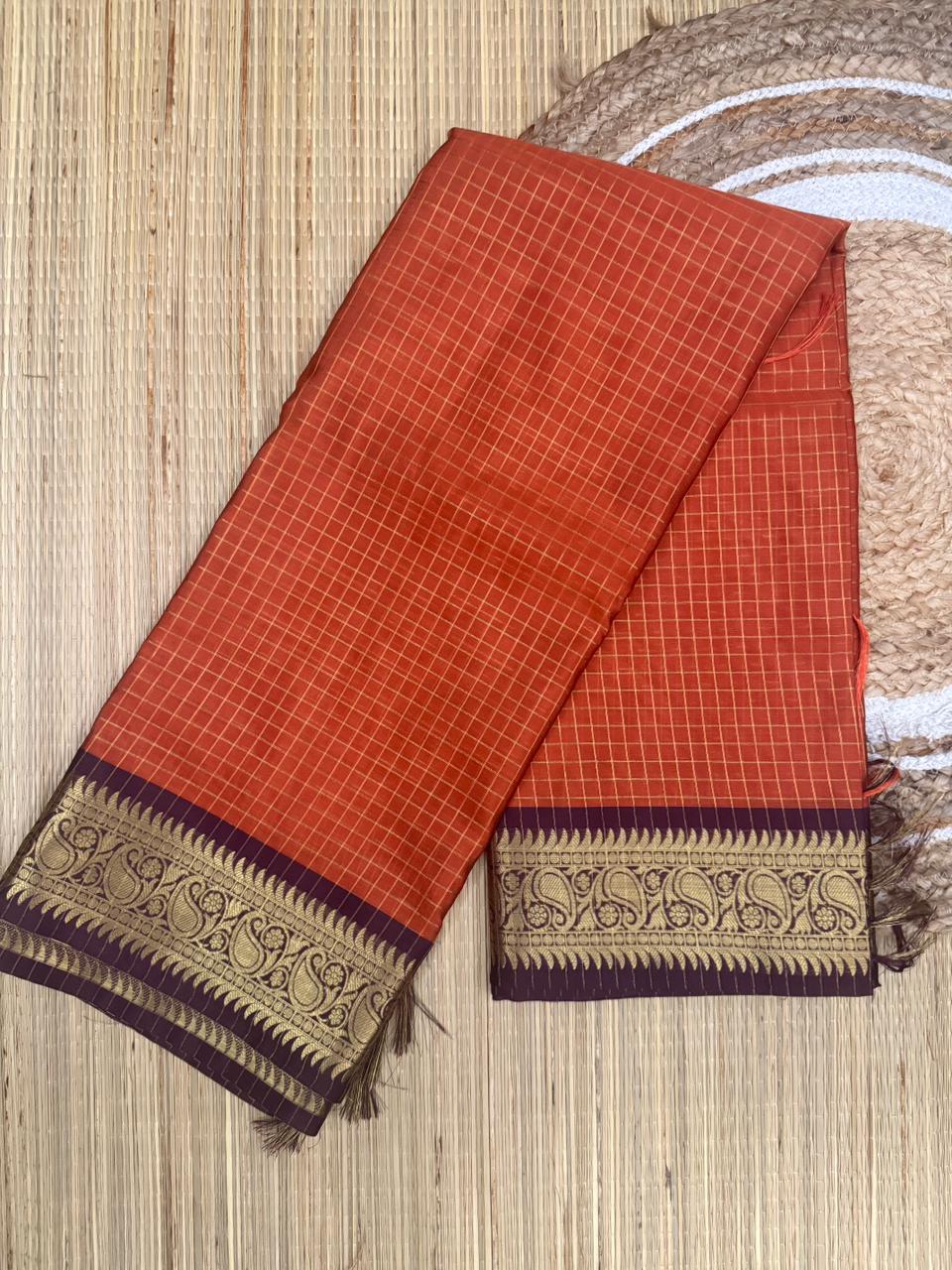 Orange Maroon Semi-Silk Saree with Purple Paisley Zari Border