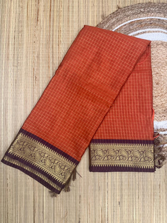 Orange Maroon Semi-Silk Saree with Purple Paisley Zari Border