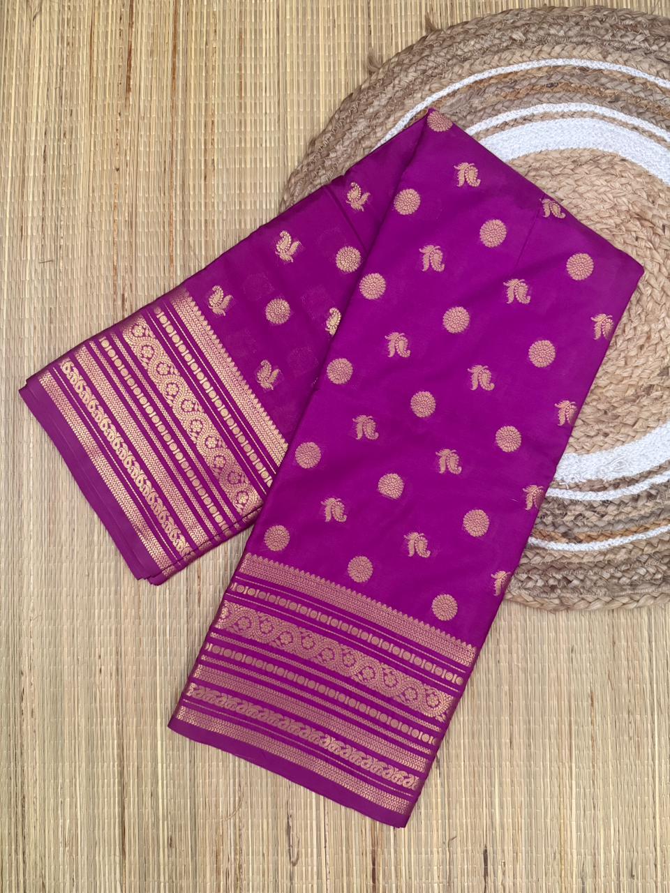 Magenta Kanjivaram Silk Saree with Gold Zari Buti and Paisley Border SS20