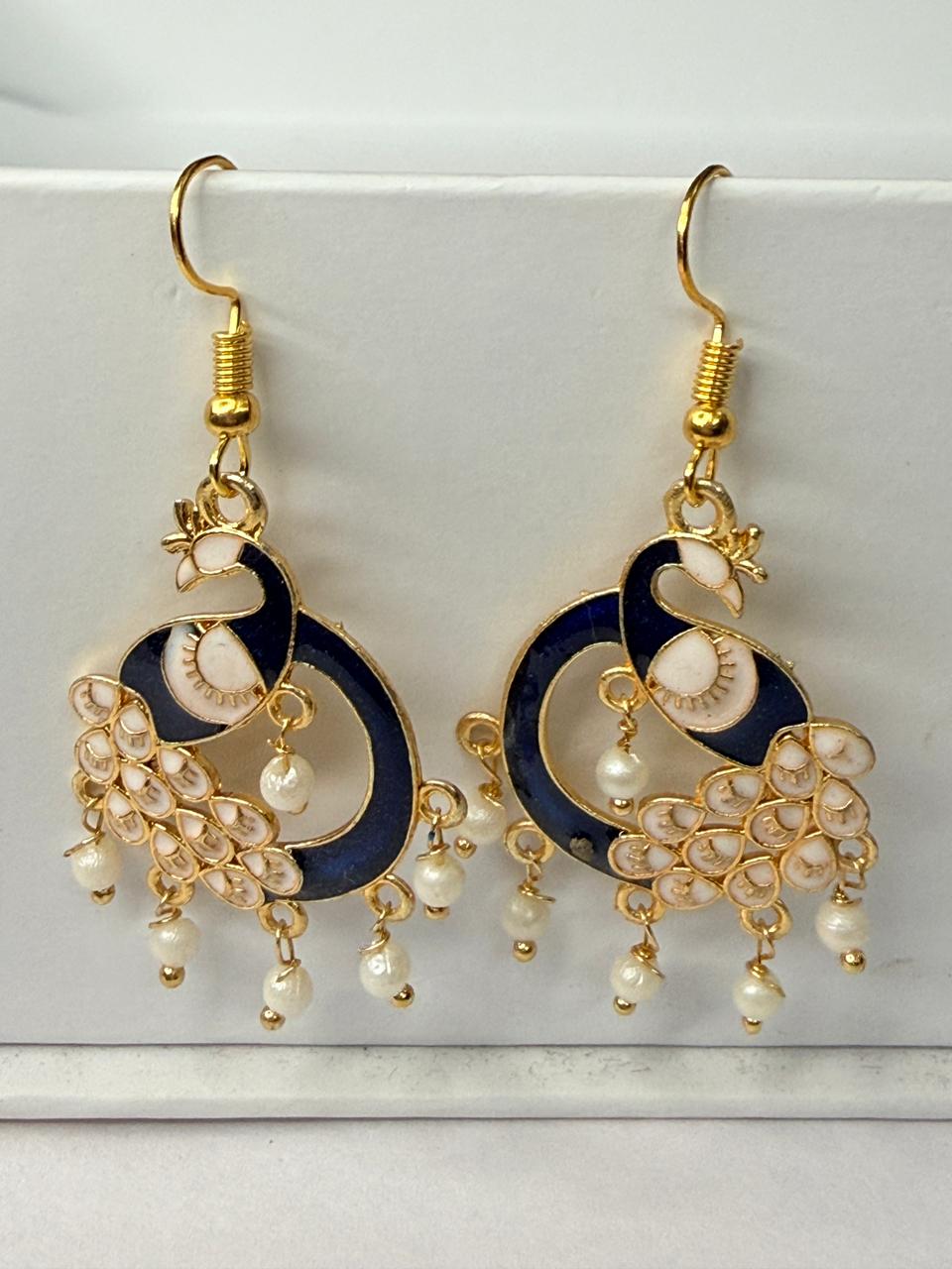Navy Blue Peacock Meenakari Earrings with Pearl Drops