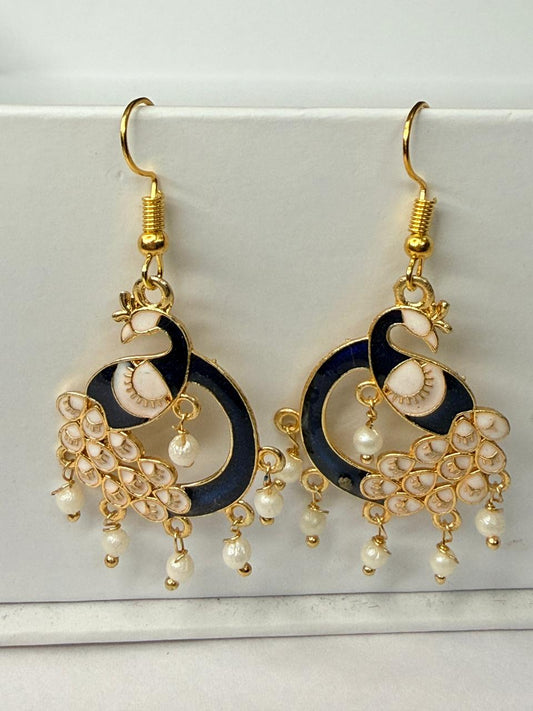 Navy Blue Peacock Meenakari Earrings with Pearl Drops