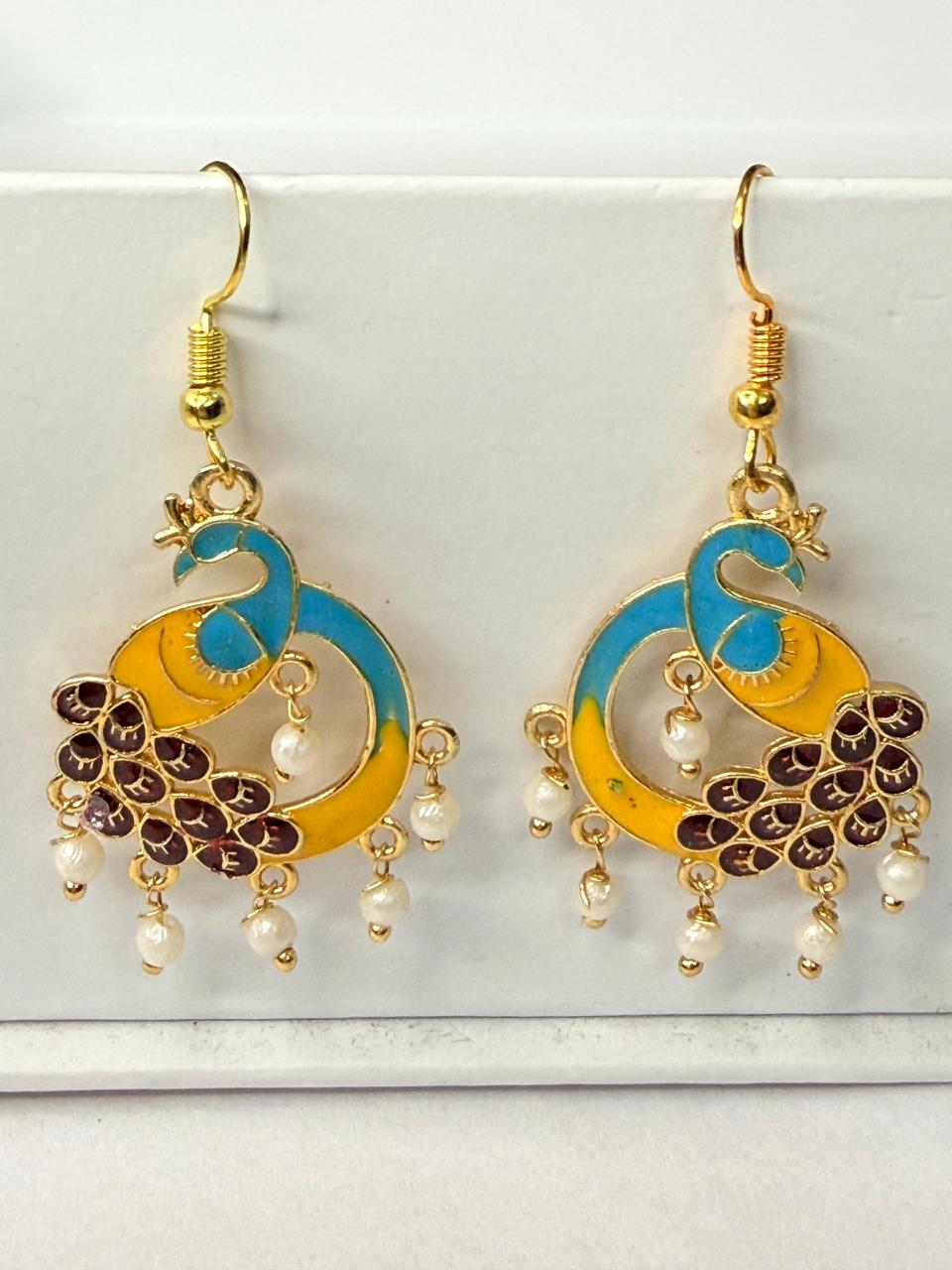 Traditional Peacock Meenakari Earrings with Pearl Drops