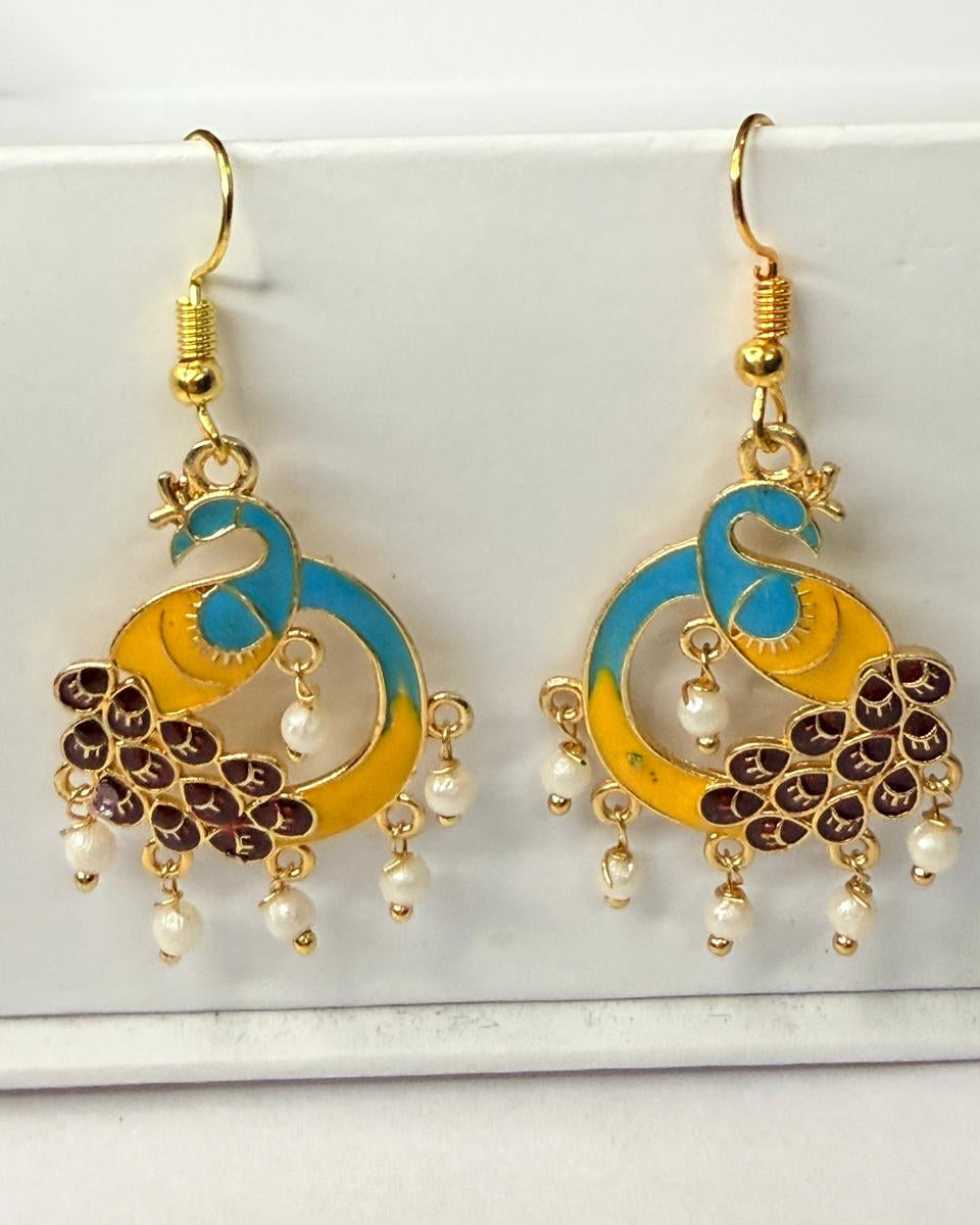 Traditional Peacock Meenakari Earrings with Pearl Drops