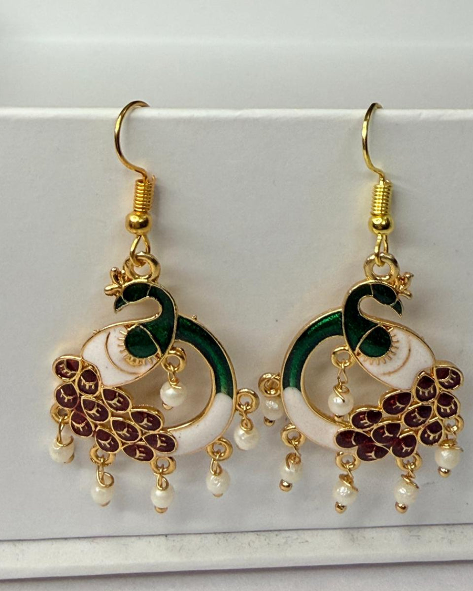 Green Maroon Peacock Meenakari Earrings with Pearl Drops