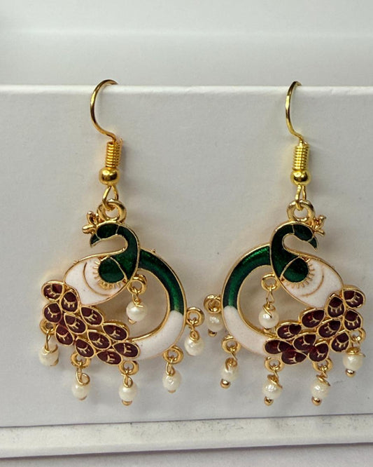 Green Maroon Peacock Meenakari Earrings with Pearl Drops