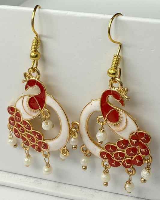 Red Peacock Meenakari Earrings with Pearl Drops