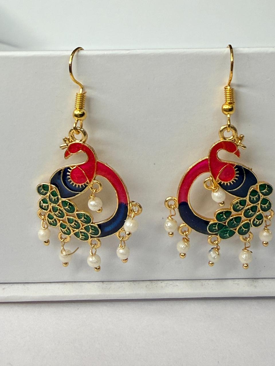 Red Navy Green Peacock Meenakari Earrings with Pearl Drops