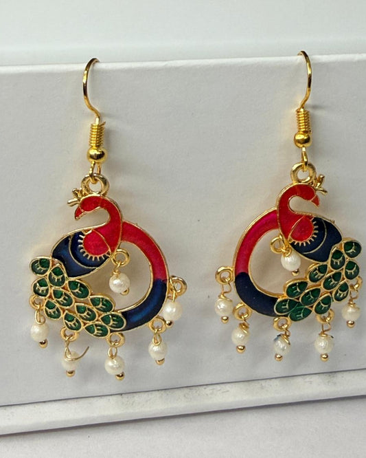 Red Navy Green Peacock Meenakari Earrings with Pearl Drops