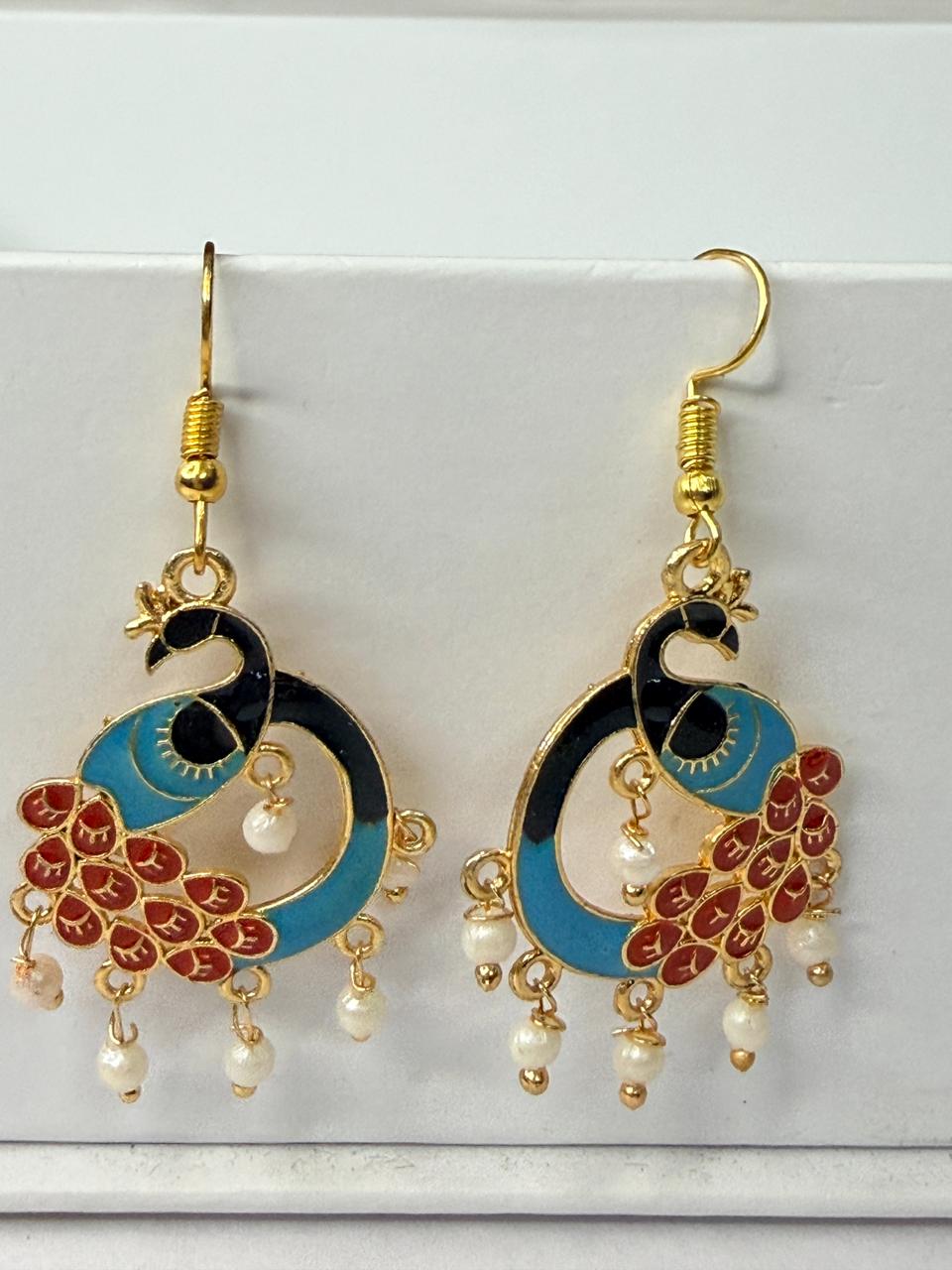Blue Maroon Peacock Meenakari Earrings with Pearl Drops